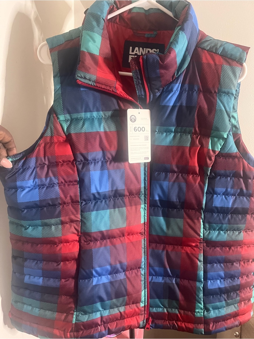 Lands' End Kids Plaid Puffer Vest in Red, Blue & Teal
